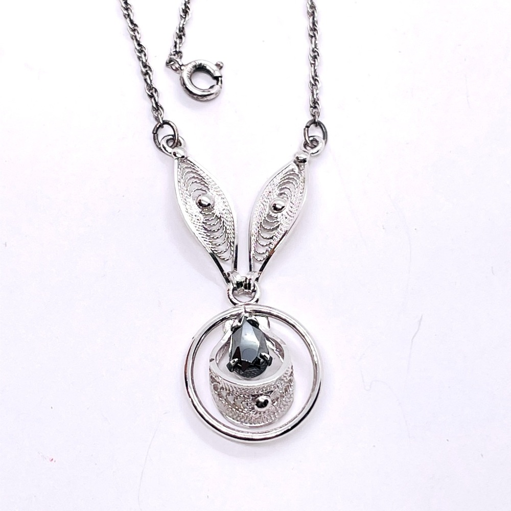 Vtg “Sorrento” Sterling silver hematite stone filigree pendant 16” necklace